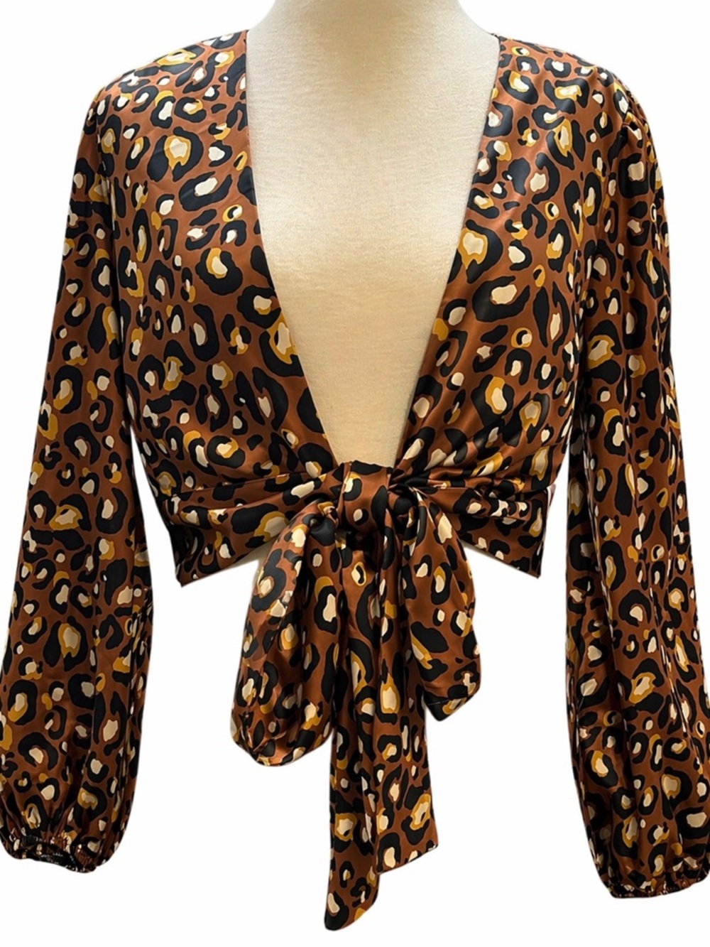 NWT Express x The LadyGang Leopard Tie Front Crop Top Size L Animal Print Blouse